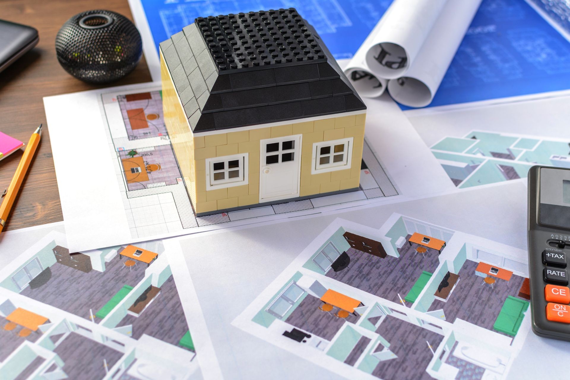 Business accessories, design and construction projects on the desktop with a miniature home Business accessories, design and construction projects on the desktop with a miniature home